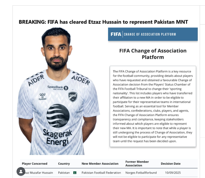 Etzaz Hussain cleared to represent Pakistan national football team 1 image 1 https://meganews.tv/etzaz-hussain-cleared-to-represent-pakistan-in-fifa/